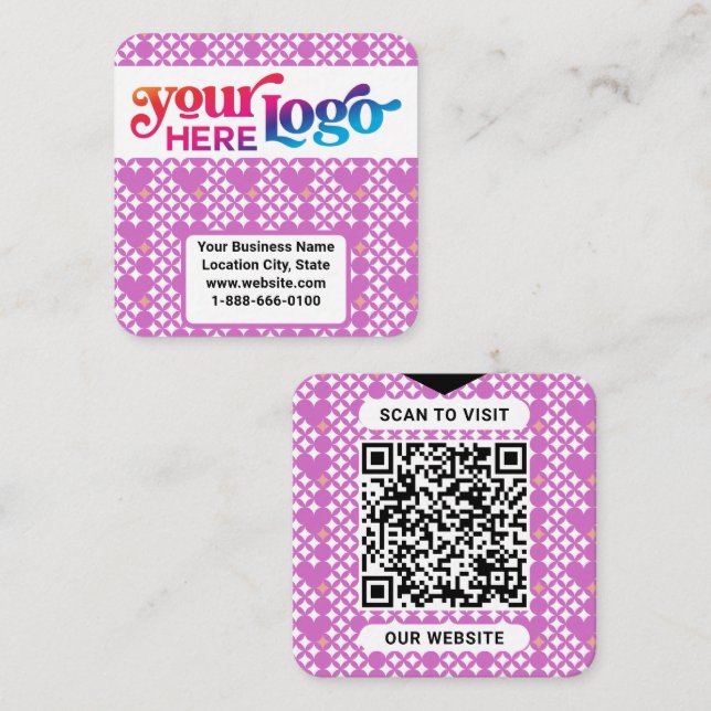 Modern Elegant Custom Logo QR Code Orchid Square Business Card (Front/Back)