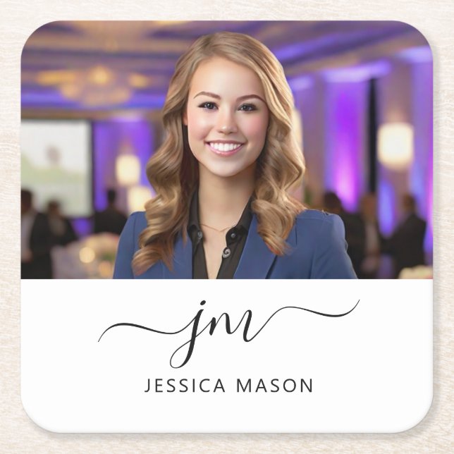 Modern Elegant Custom Name Monogram Script Photo Square Paper Coaster (Front)