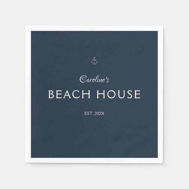 Modern Elegant Custom Name Navy Blue Anchor Napkin (Front)