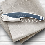 Modern Elegant Custom Name Wedding Date Corkscrew<br><div class="desc">Cherish that special date with a personalized couple's corkscrew bottle opener, featuring your names and your first date or wedding date. Your names are transposed on each side of the corkscrew, keeping things equal. This custom, design features modern text with calligraphy script typography creating a modern minimal yet elegant appearance....</div>