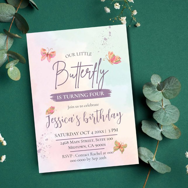 Modern elegant cute butterfly themed 4th birthday invitation (Creator Uploaded)