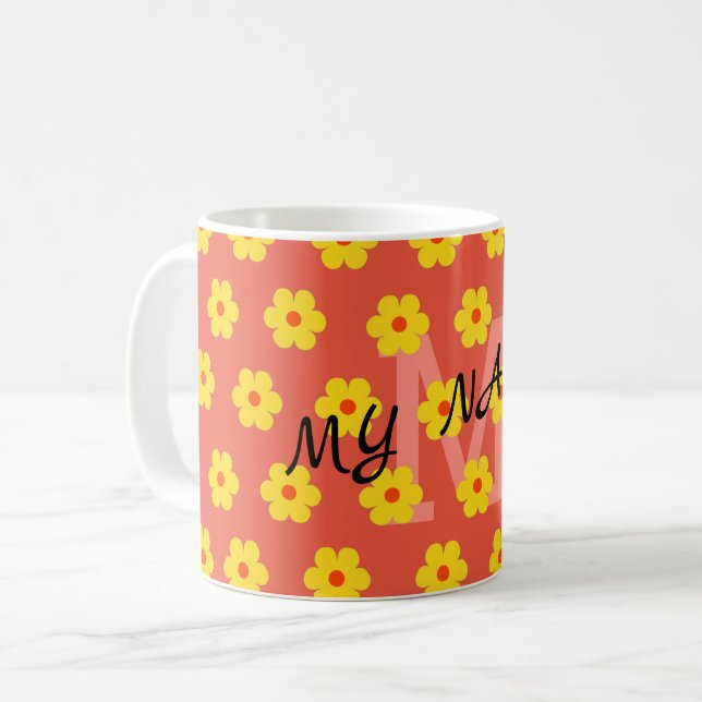 Modern elegant cute retro floral initial coffee mug (Front Left)