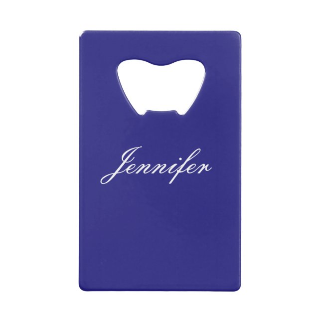 Modern Elegant Cute Unique Deep Blue Calligraphy Credit Card Bottle Opener (Front)
