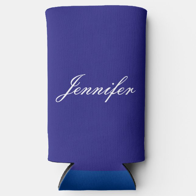 Modern Elegant Cute Unique Deep Blue Calligraphy Seltzer Can Cooler (Front)