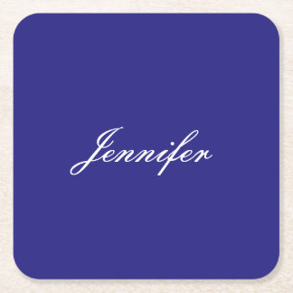 Modern Elegant Cute Unique Deep Blue Calligraphy Square Paper Coaster