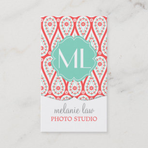 Modern Elegant Damask Coral Paisley Personalized Business Card