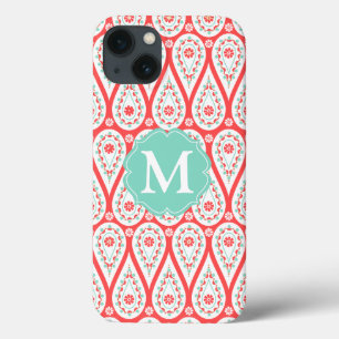Modern Elegant Damask Coral Paisley Personalized iPhone 13 Case