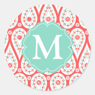 Modern Elegant Damask Coral Paisley Personalized Classic Round Sticker