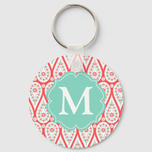 Modern Elegant Damask Coral Paisley Personalized Keychain