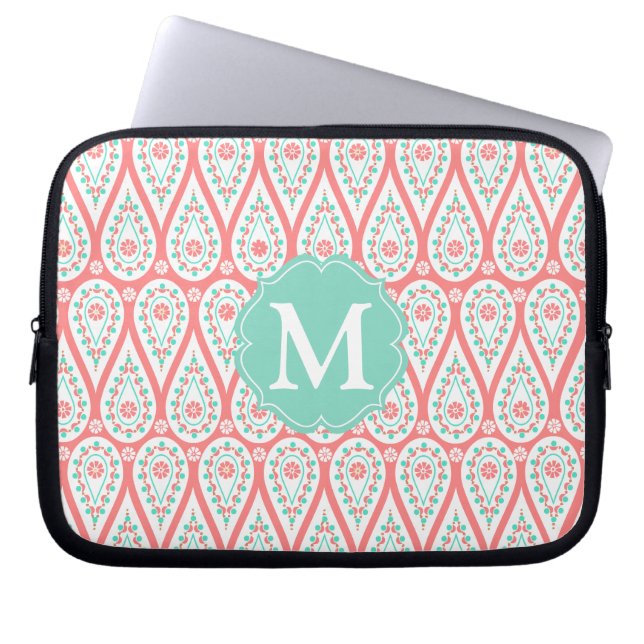 Modern Elegant Damask Coral Paisley Personalized Laptop Sleeve (Front)
