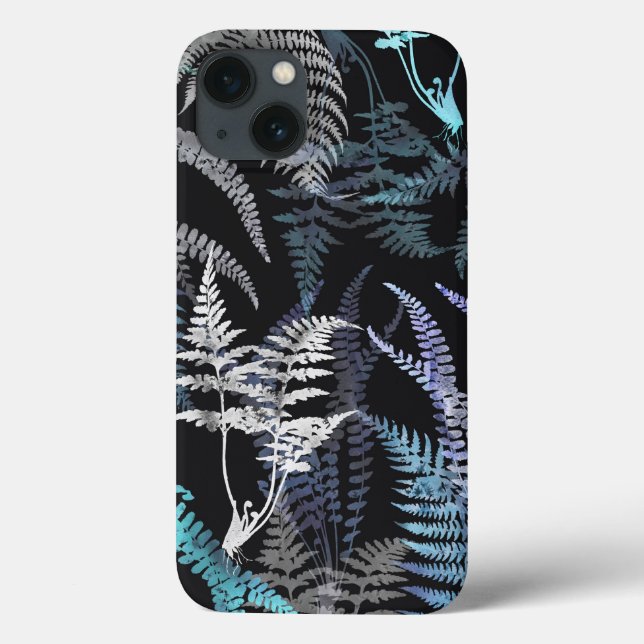 Modern Elegant Dark Blue Fern Leaves Case-Mate iPhone Case (Back)