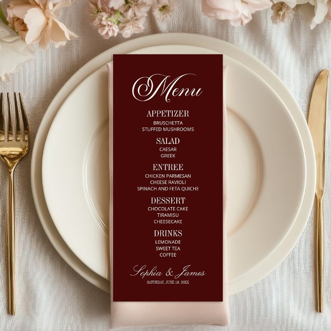 Modern Elegant Dark Burgundy Wedding Menu (Creator Uploaded)