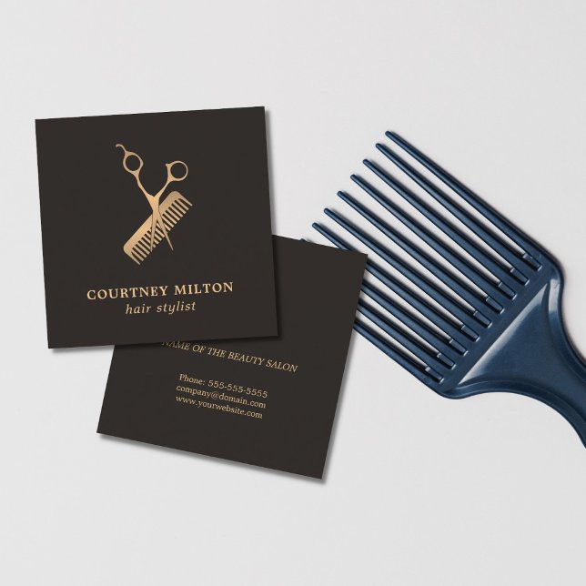 Modern Elegant Dark Faux Gold Scissor Comb Square Business Card (Creator Uploaded)