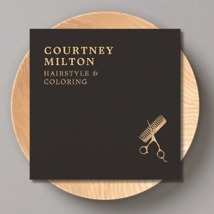 Modern Elegant Dark Faux Gold Scissors Comb Square Business Card