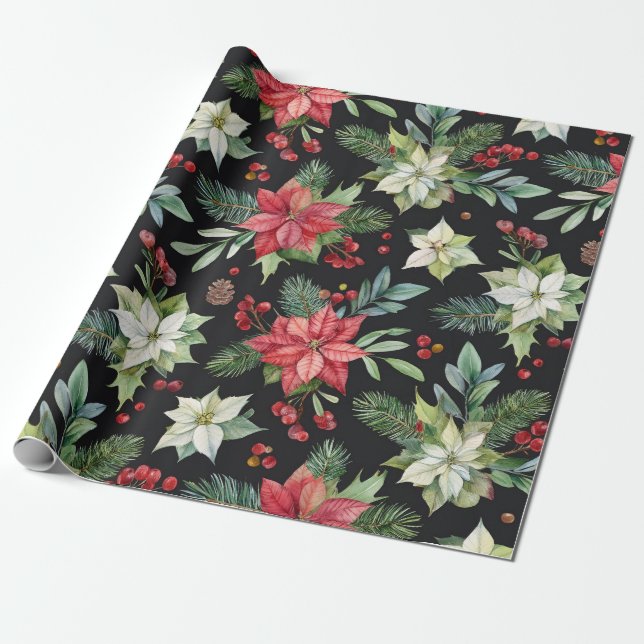 Modern Elegant Dark Floral Christmas Wrapping Paper (Unrolled)