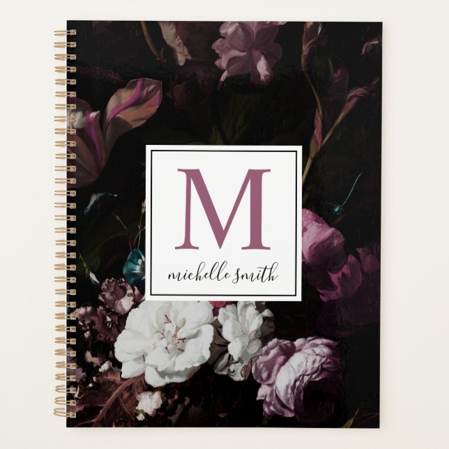 Modern Elegant Dark Floral Monogram Script Planner (Front)