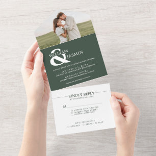 Modern Elegant Dark Green and White Photo Wedding All In One Invitation