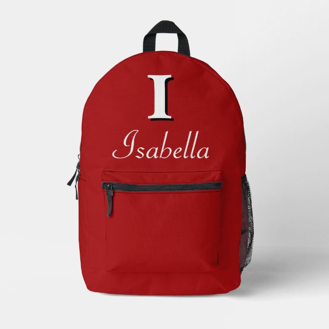 Modern Elegant Deep Red Monogram Printed Backpack (Front)