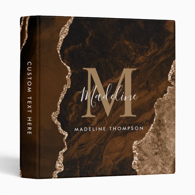 Modern Elegant Desert Gold Black Agate Monogram Binder (Front/Spine)