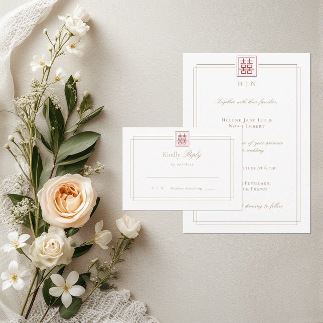 Modern Elegant Double Happiness Chinese Wedding  RSVP Card (Creator Uploaded)