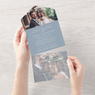 Modern Elegant Dusty Blue 2 Photo RSVP Wedding All In One Invitation