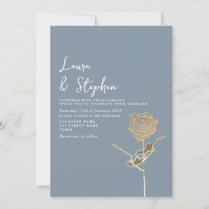 Modern Elegant Dusty Blue and Gold Wedding Invitation