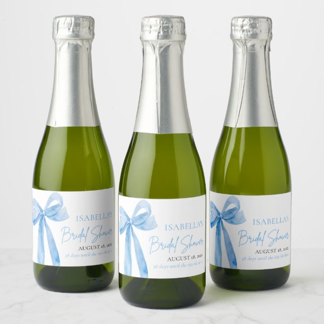 Modern Elegant Dusty Blue Bow Ribbon Bridal Shower Sparkling Wine Label (Bottles)