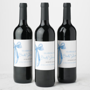Modern Elegant Dusty Blue Bow Ribbon Bridal Shower Wine Label