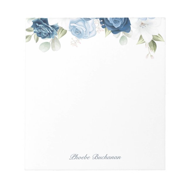 Modern Elegant Dusty Blue Floral Personalized Notepad (Front)