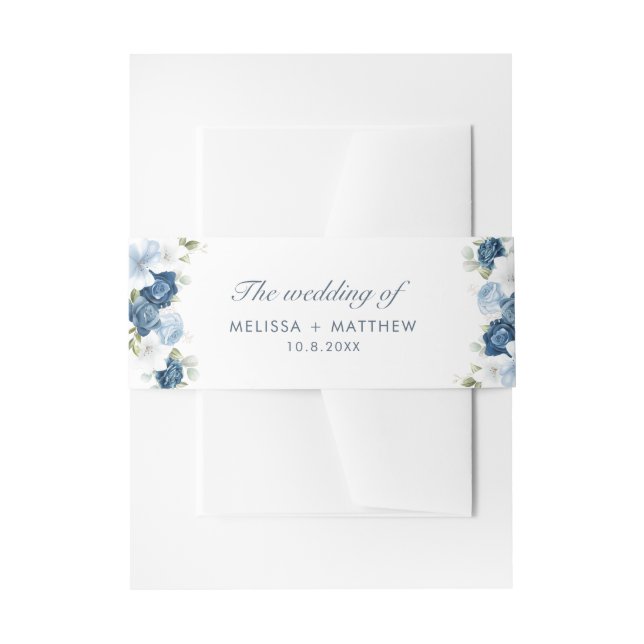 Modern Elegant Dusty Blue Floral Wedding Invitation Belly Band (Front Example)