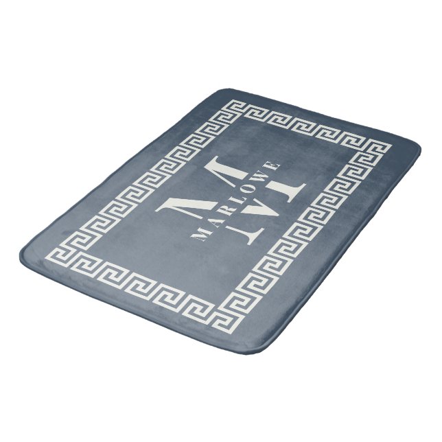 Modern Elegant Dusty Blue Greek Key Frame Monogram Bath Mat (Angled)