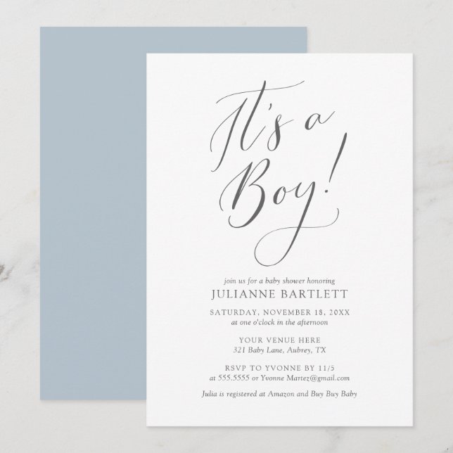 Modern Elegant Dusty Blue Its a Boy Baby Shower Invitation (Front/Back)