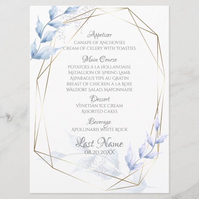 Modern Elegant Dusty Blue Pale Lilac Foliage Menu (Front)