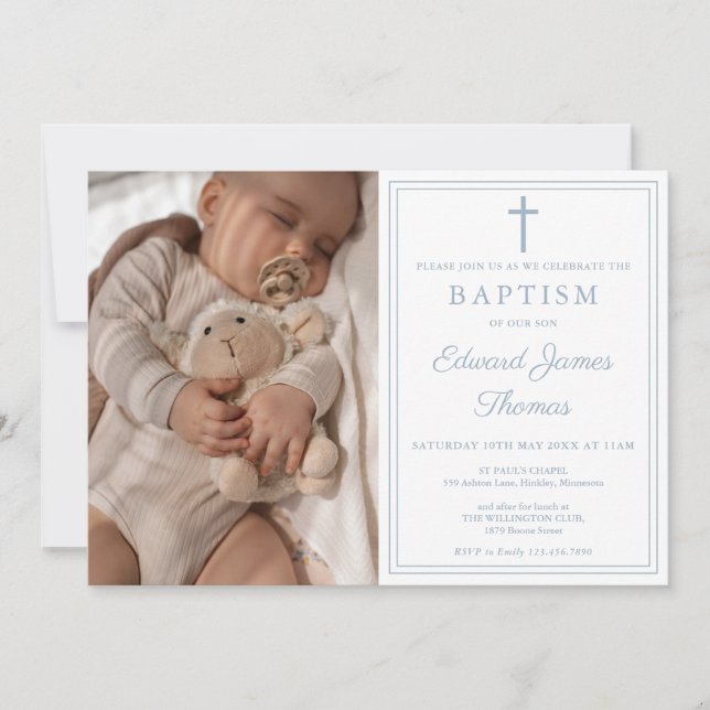 Modern Elegant Dusty Blue Photo Baptism Invitation (Front)