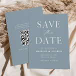 Modern Elegant Dusty Blue QR Code Save The Date<br><div class="desc">Announce your upcoming nuptials in style with our elegant, modern QR code save the date card. The non-photo save the date features "Save the Date" in white serif and script fonts with a dusty blue background. Personalize the front of the save the date card by adding your names, wedding date,...</div>