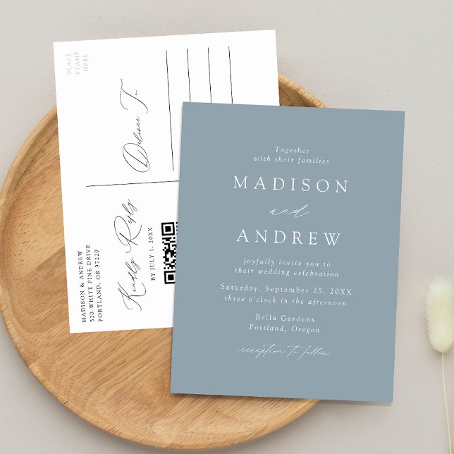 Modern Elegant Dusty Blue QR Code Wedding Invitation Postcard (Creator Uploaded)