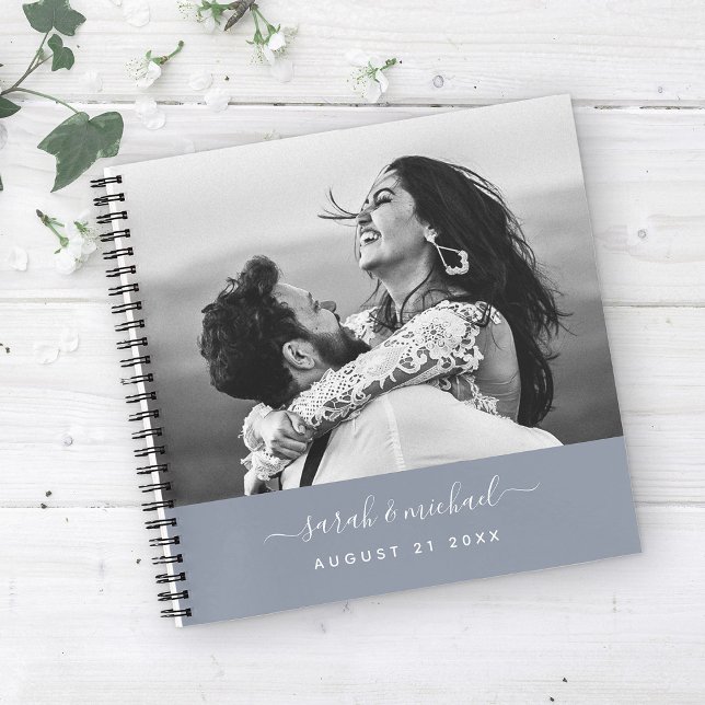 Modern Elegant Dusty Blue Script Photo Wedding Notebook (Creator Uploaded)