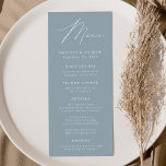 Modern Elegant Dusty Blue Wedding Menu<br><div class="desc">Simple and elegant wedding menu featuring "Menu" displayed in a modern white script with a dusty blue background or colour of your choice. Personalize the dusty blue wedding menu by adding your names,  wedding date,  and menu information. Designed to coordinate with our Modern Elegance wedding collection.</div>