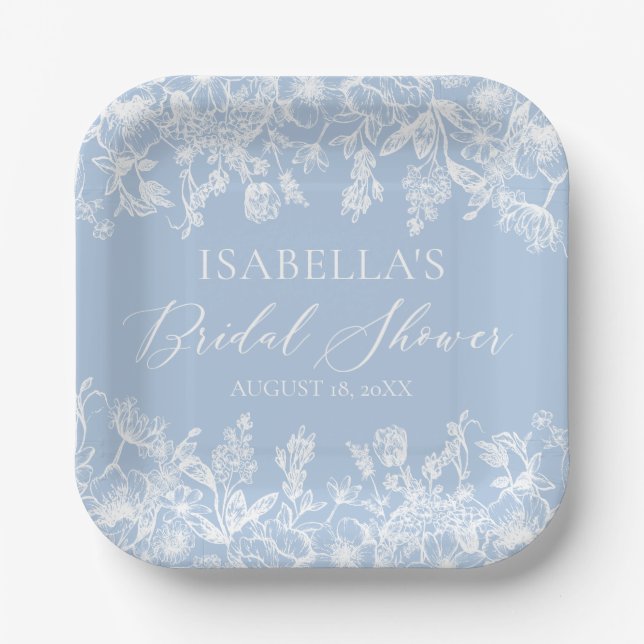 Modern Elegant Dusty Blue Wildflower Bridal Shower Paper Plate (Front)
