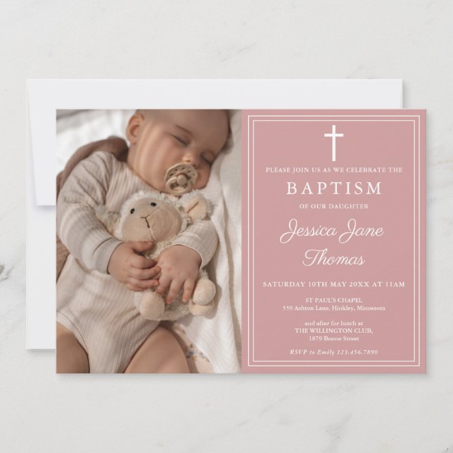 Modern Elegant Dusty Rose Pink Photo Baptism Invitation (Front)