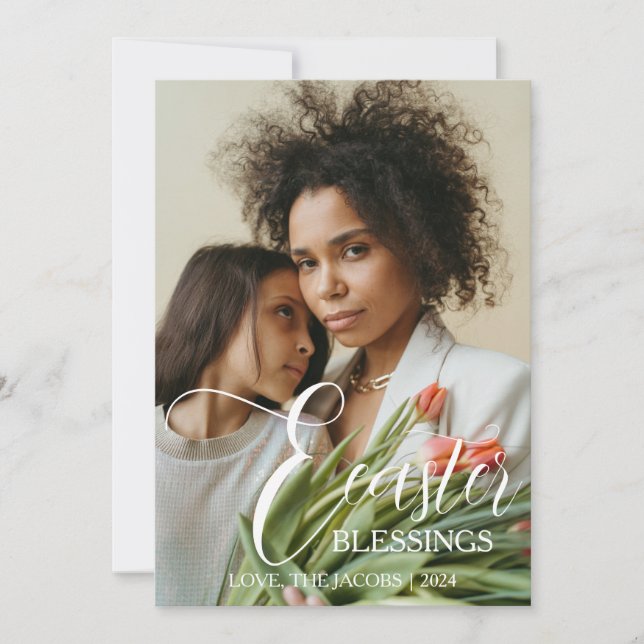 Modern Elegant Easter Blessings Script 3 Photo Holiday Card (Front)