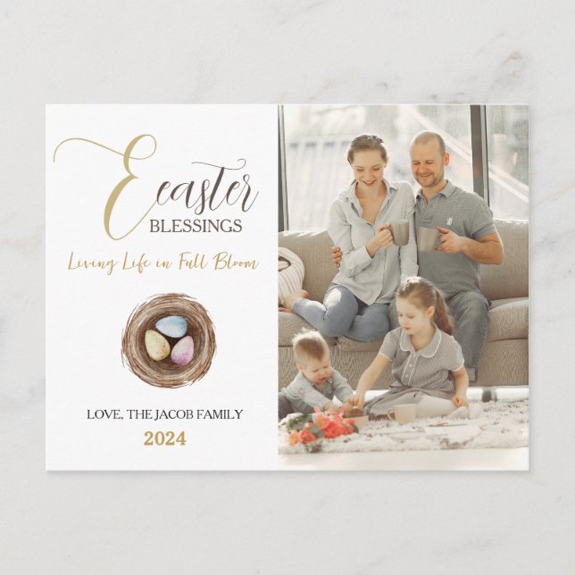 Modern Elegant Easter Blessings Script Photo Holiday Postcard (Front)
