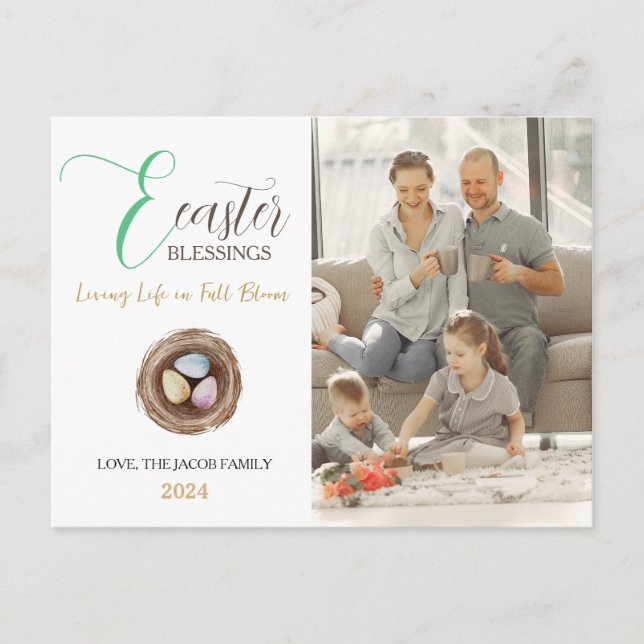Modern Elegant Easter Blessings Script Photo Holiday Postcard (Front)