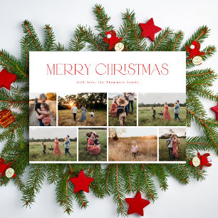 Modern Elegant Eight Photo Collage Red Christmas Holiday Card