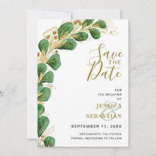 Modern Elegant Emerald Green and Gold Eucalyptus Save The Date