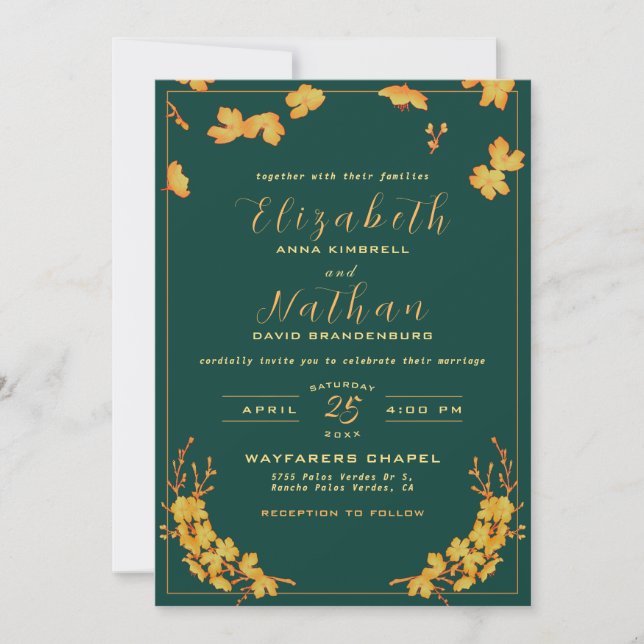 Modern Elegant Emerald Green & Gold Floral Wedding Invitation (Front)