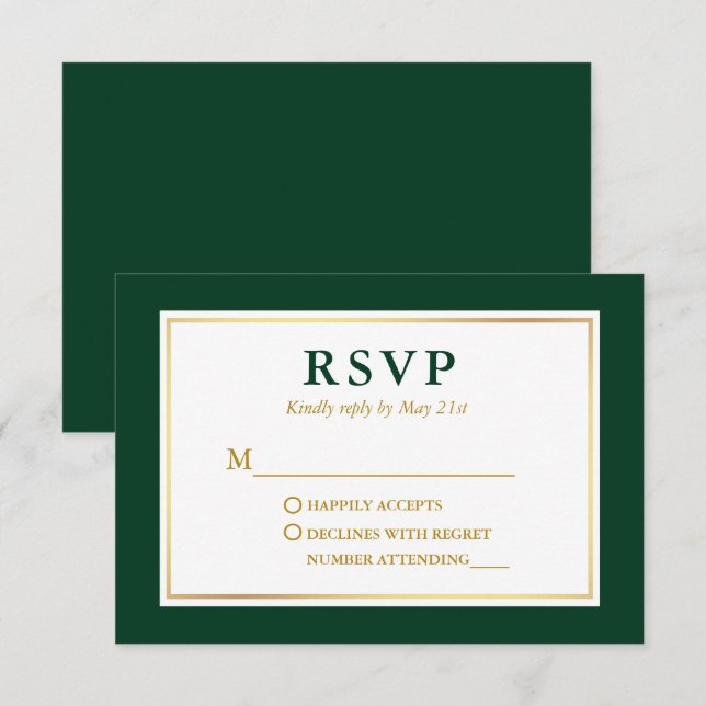 Modern Elegant Emerald Green White Gold RSVP Card (Front/Back)
