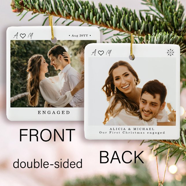 Modern elegant engaged 2 photo keepsake  ceramic ornament (Creator Uploaded)