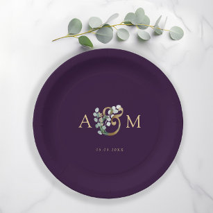 Modern, elegant eucalyptus ampersand wedding  paper plate