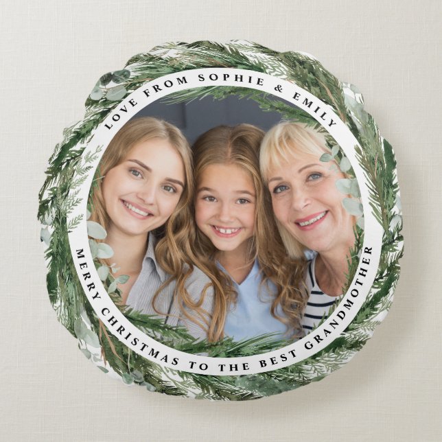 modern elegant eucalyptus Christmas photo family Round Pillow (Front)